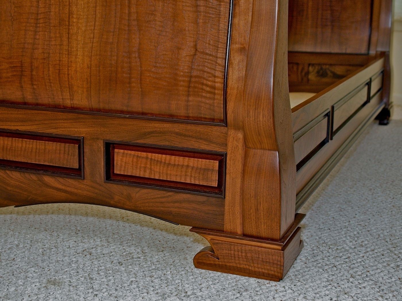 Custom Figured Walnut Sleigh Bed by Louis Fry Craftsman In Wood