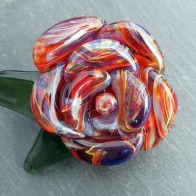 Custom Made Stainless Steel Bottle Stopper With Hand-Blown Purple And Amber Glass Rose