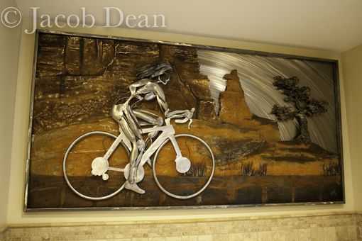 Custom Made Cyclist Relief, Fabricated Metal Sculpture.