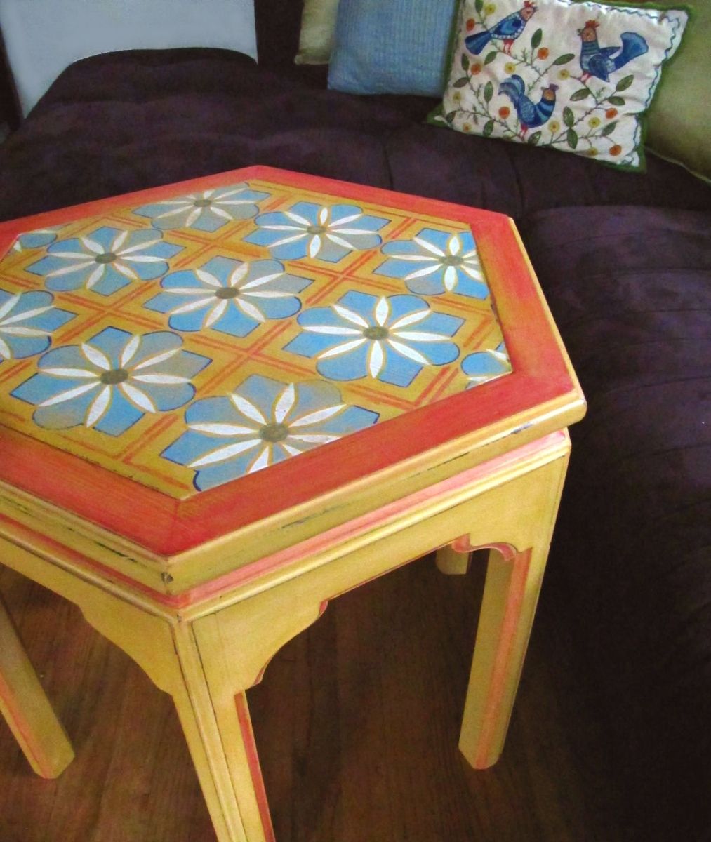 Hand Made Moroccan Inspired Hand Painted Hexagon End Table 