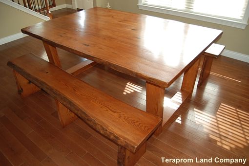 Custom Made Live Edge Oak Dining Set - Table, Benches And End Table