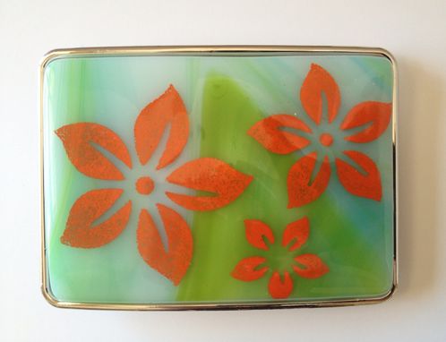 Custom Made Orange Flowers On Blue And Green Fused Glass Belt Buckle