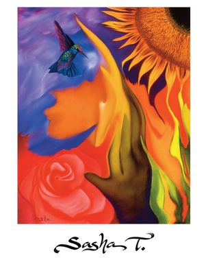Custom Made Hummingbird Sunflower Rose Print With Vibrant Colors Of Yellow, Blue, Green And Red