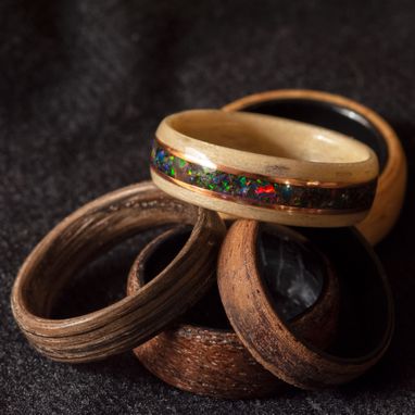 Custom Made Black Fire Opal & Space Titanium Opal Mix With Two Copper Inalys In Steam Bentwood Maple Ring