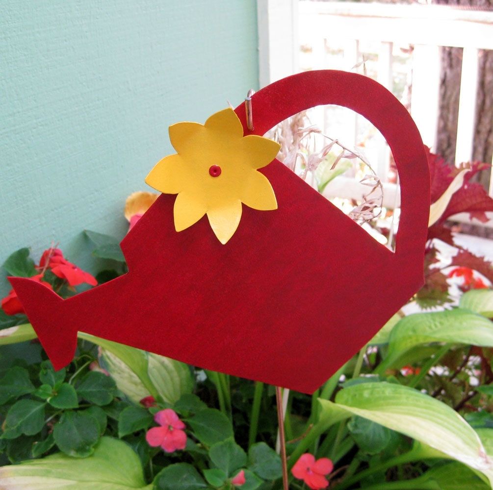 Custom Made Handmade Upcycled Metal Water Can Garden Stake In Yellow by