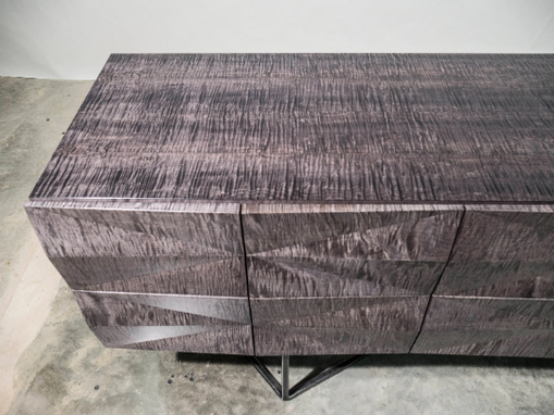 Custom Made Credenza Modern Faceted Front, Steel Base, Gray Curly Maple Wood, Sideboard, Buffet, Server