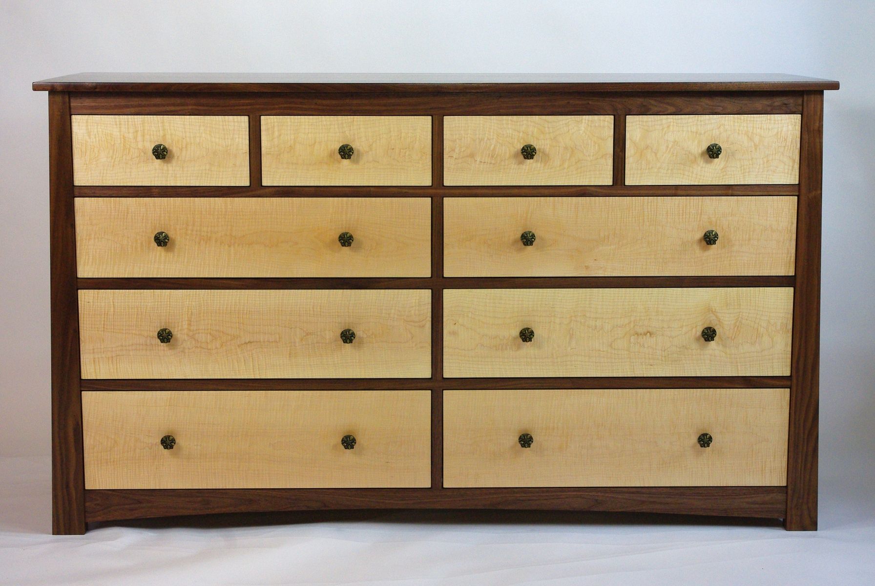 Hand Crafted Black Walnut And Curly Maple Dresser And Nightstands by