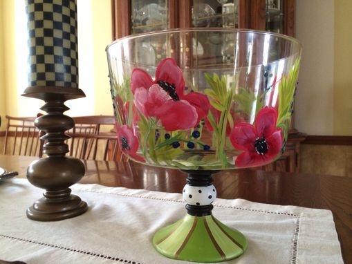 Custom Made Hand Painted Trifle Bowl/Punch Bowl/Glassware Centerpiece Red Poppys