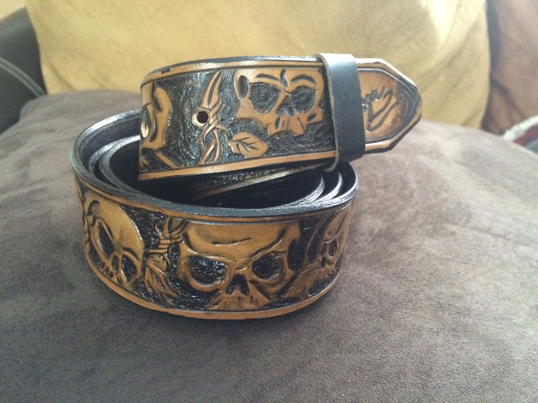 Buy Hand Made Biker Leather Belt With Skulls And Barbed Wire, made to
