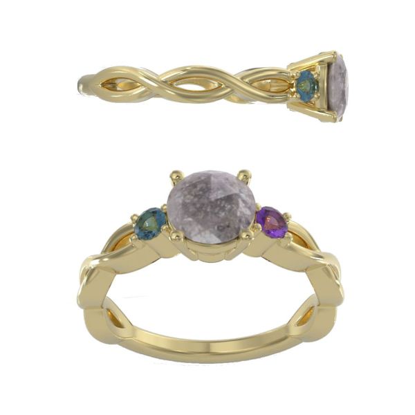 A rose cut salt and pepper diamond sits between purple sapphire and aquamarine accents on a twisted yellow gold engagement ring.