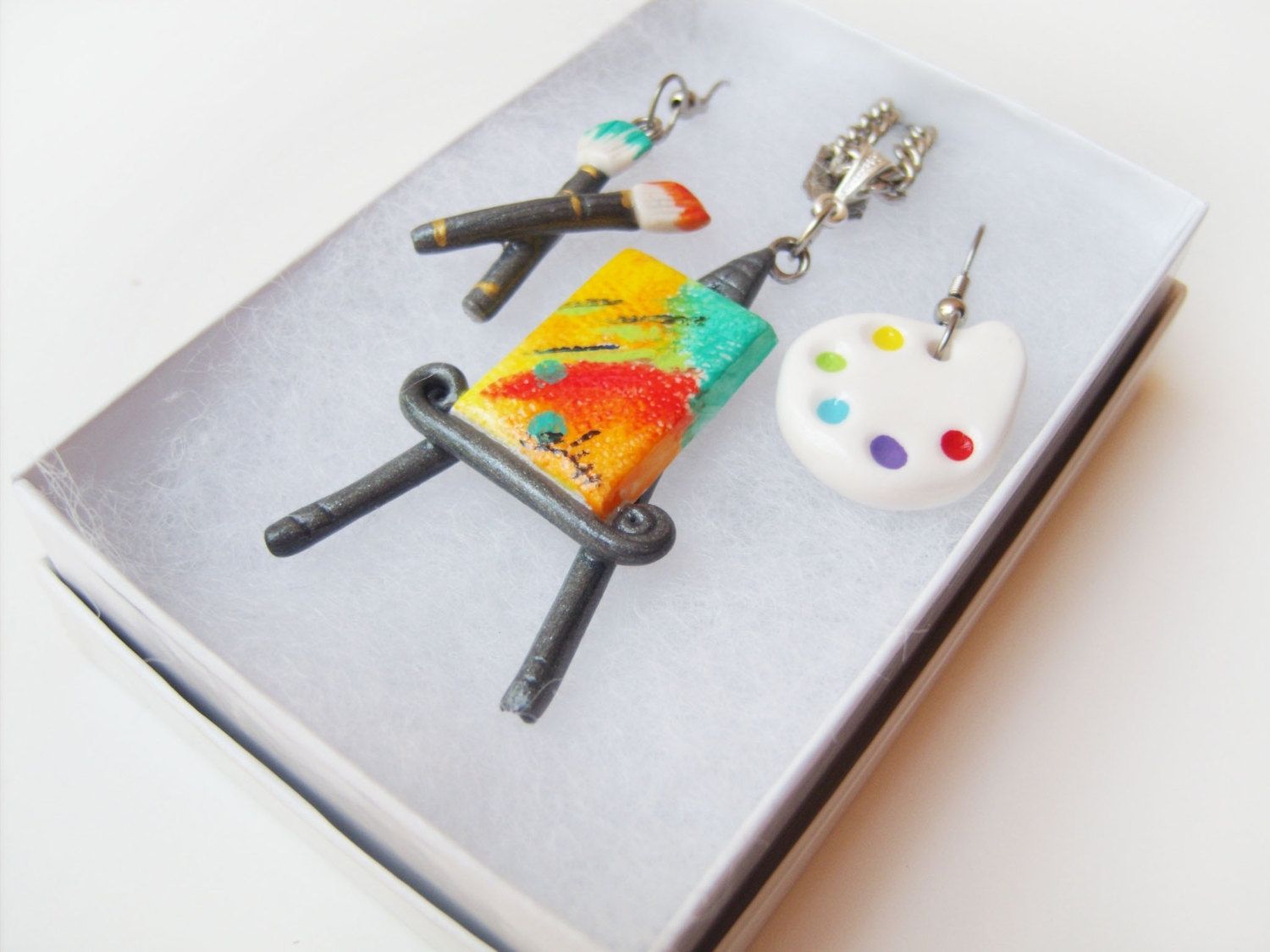 Handmade Painters Palette & Paintbrush Earrings Miniature Canvas And
