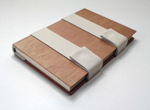 Custom Made Blank Book, Bound In Wood, White Leather, Cream-Color Lined Pages, Closes With Magnetic Snaps.
