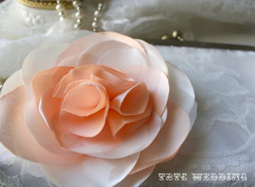 Custom Made Lace Wedding Clutch Purse With Peach And Ivory Satin Handmade Flower Accent