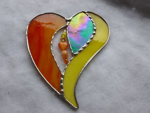 Custom Made Colorful And Iridescent Stained Glass Heart With Beads And Crystals