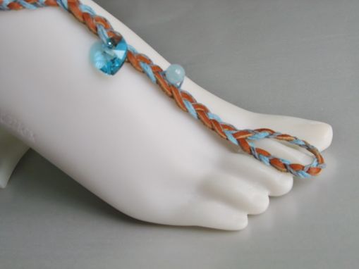 Custom Made Tan Deerskin Slave Anklet. Boho Chic. Blue Heart Swarovski Crystal. Beach Jewelry. Made In Maui.