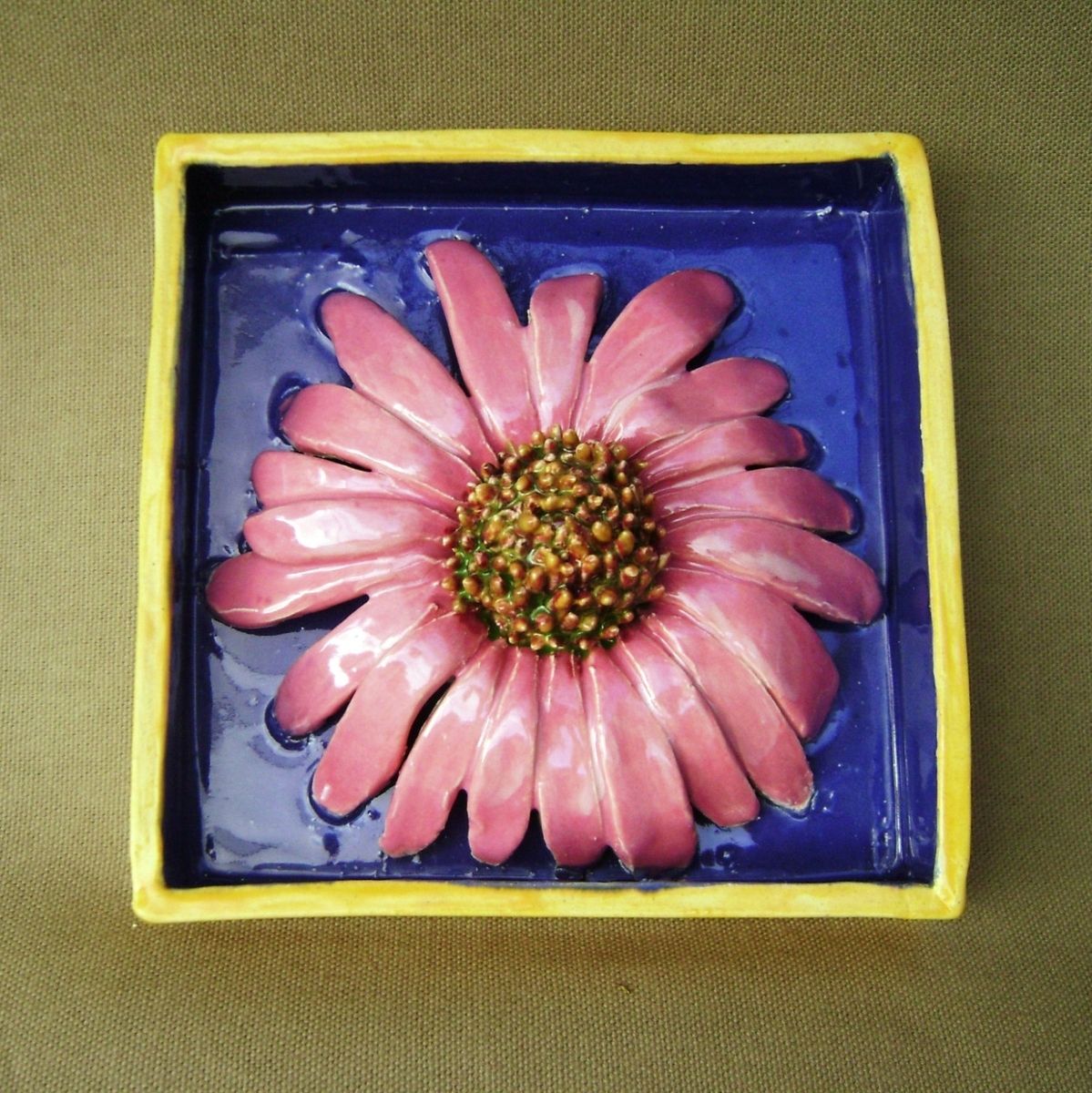 Hand Crafted Pink Daisy Delight Ceramic Shadow Box Wall Decor by Robin