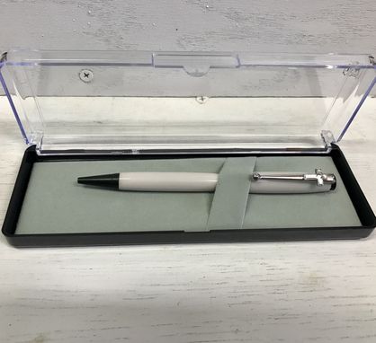 Custom Made Custom Slimline Twist Pen With Gray "Pearl" "Solid Surface' Acrylic Body And Black Enamel Trim