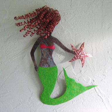 Custom Made Handmade Upcycled Redhead Metal Mermaid With Lime Green Tail