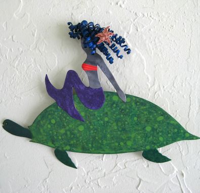 Custom Made Handmade Upcycled Metal Mermaid On Sea Turtle Wall Art Sculpture