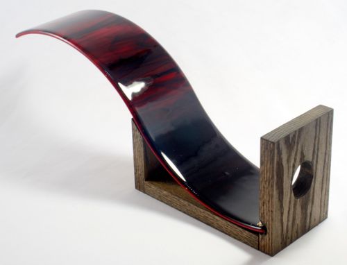 Custom Made Fused Glass Wine Bottle With Oak Base "Deep Red Wave"