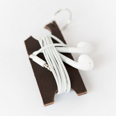 Custom Made Upcycled Leather Earbud Headphone Organizer Keychain