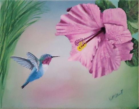 Custom Made Bird Painting: Blue Hummingbird Flying Near Pink Hibiscus