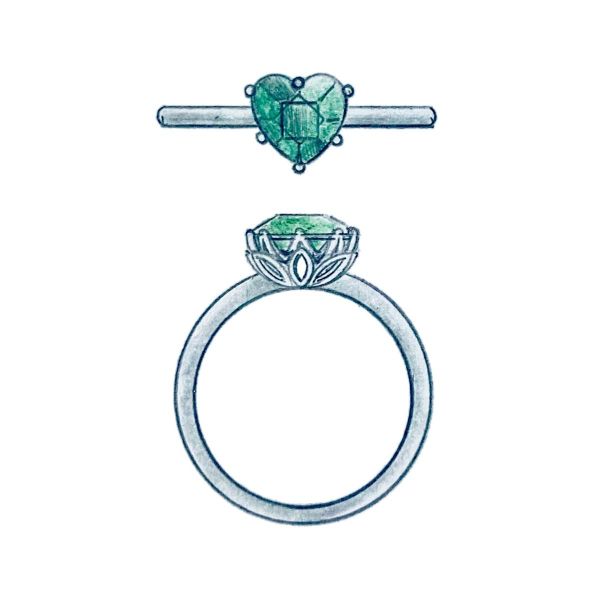 This heart shaped emerald sits in a lotus flower basket.