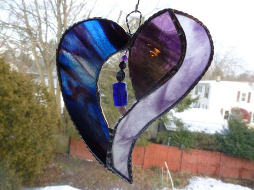 Custom Made Blue And Purple Stained Glass Heart With Beads And Crystals