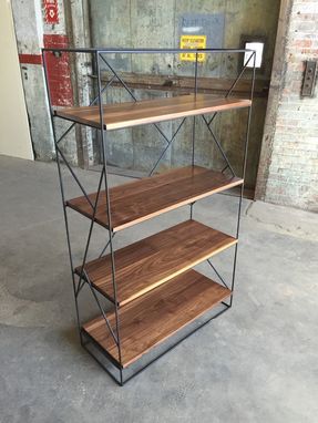 Custom Made Modern Black Steel Bookcase With Solid Walnut Shelves