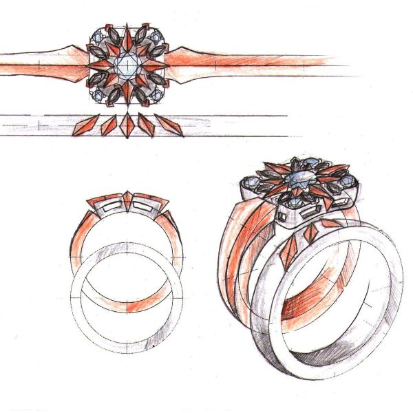 我们的设计草图，一个独特的装饰艺术风格的戒指与指南针玫瑰和缟玛瑙光环。