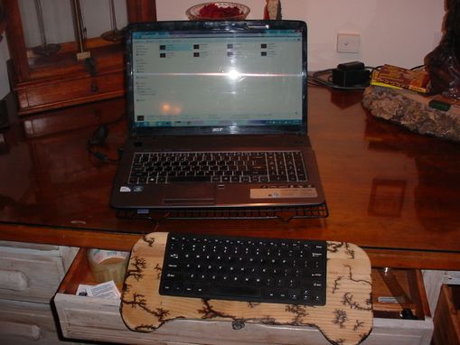 Custom Made Blue Tooth Keyboard Holder Stand Carved With Fire On Wood Design!