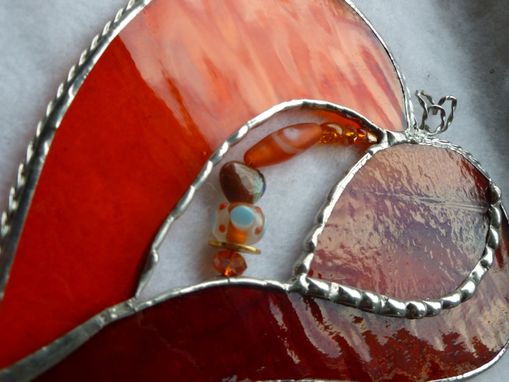 Custom Made Orange And Red Stained Glass Heart With Beads And Crystals