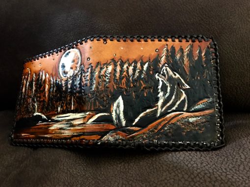 Buy Custom Howling Wolf Wallet Night Scene, made to order from Saxon Leather  art