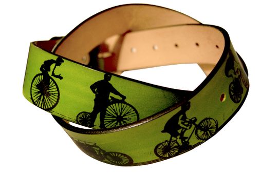 Custom Made Bicycle Print Leather Belt - A History Of Cycling