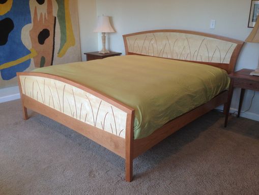 Custom Made Bed Frame King Size, Headboard, Platform Bed, Queen, Art Deco, Wood, Walnut, Curly Maple, Inlay