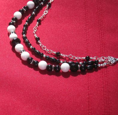 Custom Made Black Onyx And White Agate Silver Triple Necklace-Free Shipping