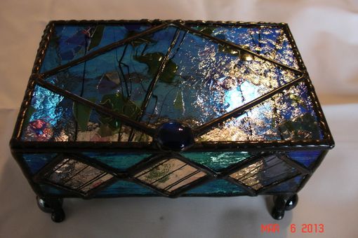 Custom Made Jewelry Box In Colbalt Blue And Confetti Diamond Accents With Decorative Feet Stained Glass