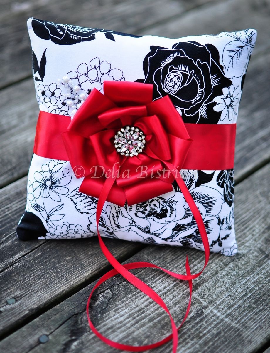 Hand Made Ring Bearer Pillow Wedding Pillow White Black
