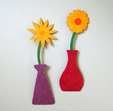 Custom Made Handmade Upcycled Metal Mini Flower Vase Wall Art Sculpture In Red And Yellow
