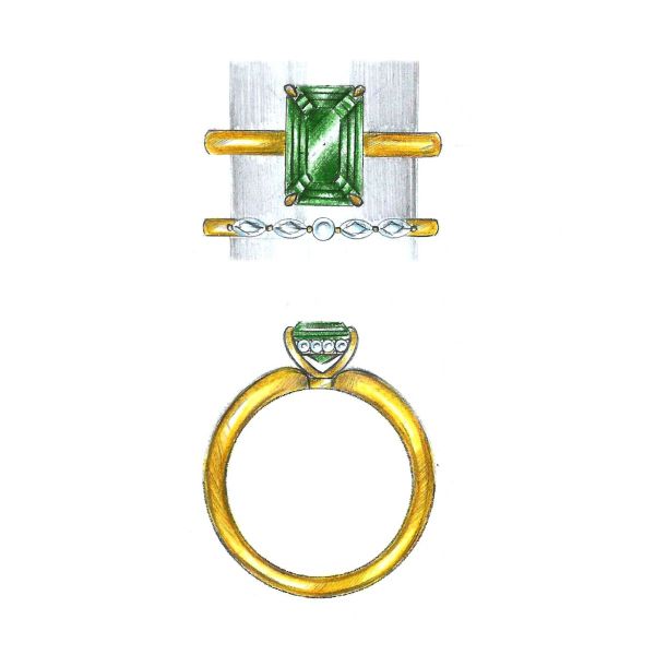 Emerald is showcased in the most beautiful emerald cut with a simple yellow gold band.