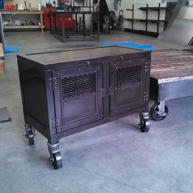 Custom Made Industrial Display Cart, Custom Steel Kiosk, Reclaimed Beam Table/Bar Stool,Rolling Cabinet