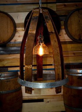 Custom Made Rustic Wine Barrel Light With Handblown Glass And Edison Bulb