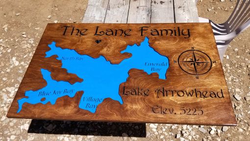 Custom Made Lake Arrowhead Carved Wood Map Sign