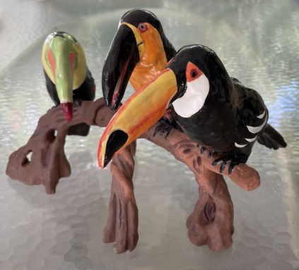 Custom Made Ceramic Sculpture Of Three Toucans Bright Colors