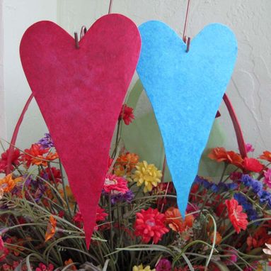 Custom Made Handmade Upcycled Metal Heart Garden Stakes In Rose And Turquoise