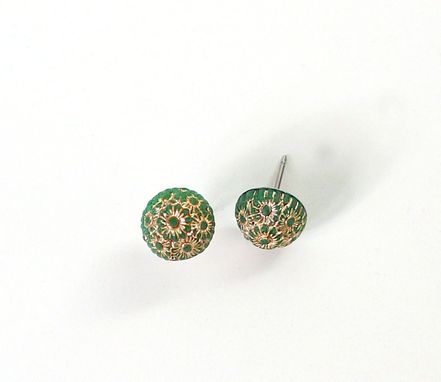 Custom Made Gold And Green Bead Stud Earrings