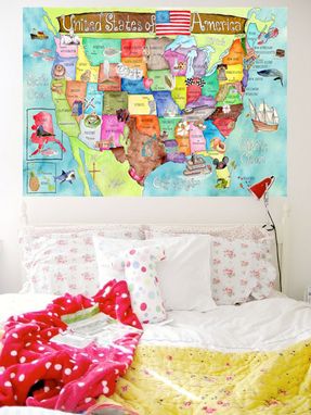 Custom Made Children's Illustrated Watercolor Art United States Light Turquoise Map