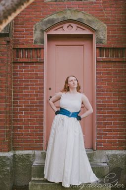 Custom Made Ashley - Upcycled Vintage Alternative Ivory Satin Wedding Dress With Beaded Blue Brocade Sash