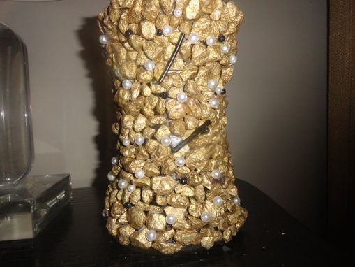 Custom Made Gold Nugget Vase W/Black & White Pearl Beads