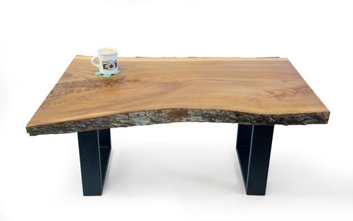 Custom Made Live-Edge Elm Coffee Table With Metal Hand-Forged Legs